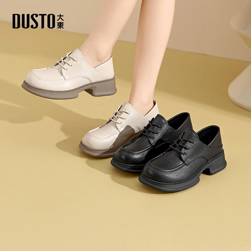 大东女鞋2025春季系带粗跟单鞋女款厚底中跟英伦风时尚小皮鞋0149