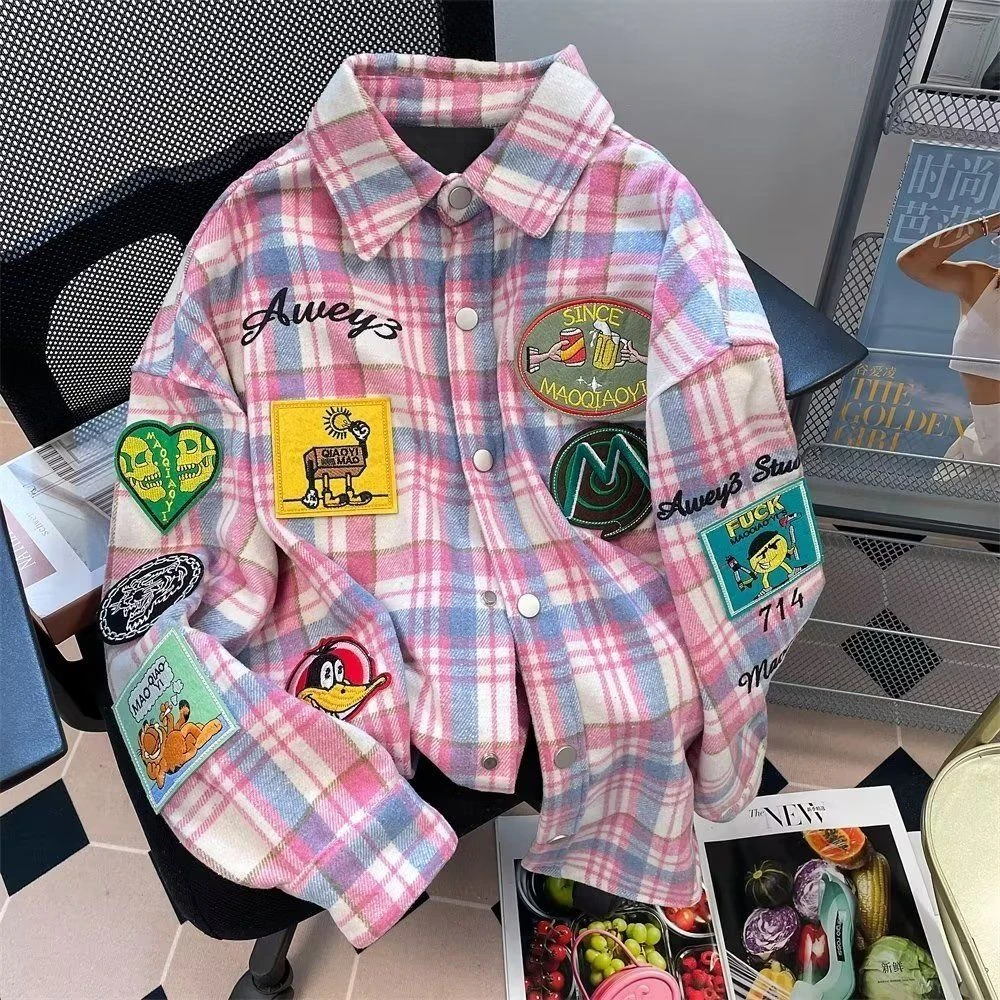 美式复古贴布刺绣格子衬衫外套男女春秋卡通宽松防晒情侣长袖衬衣