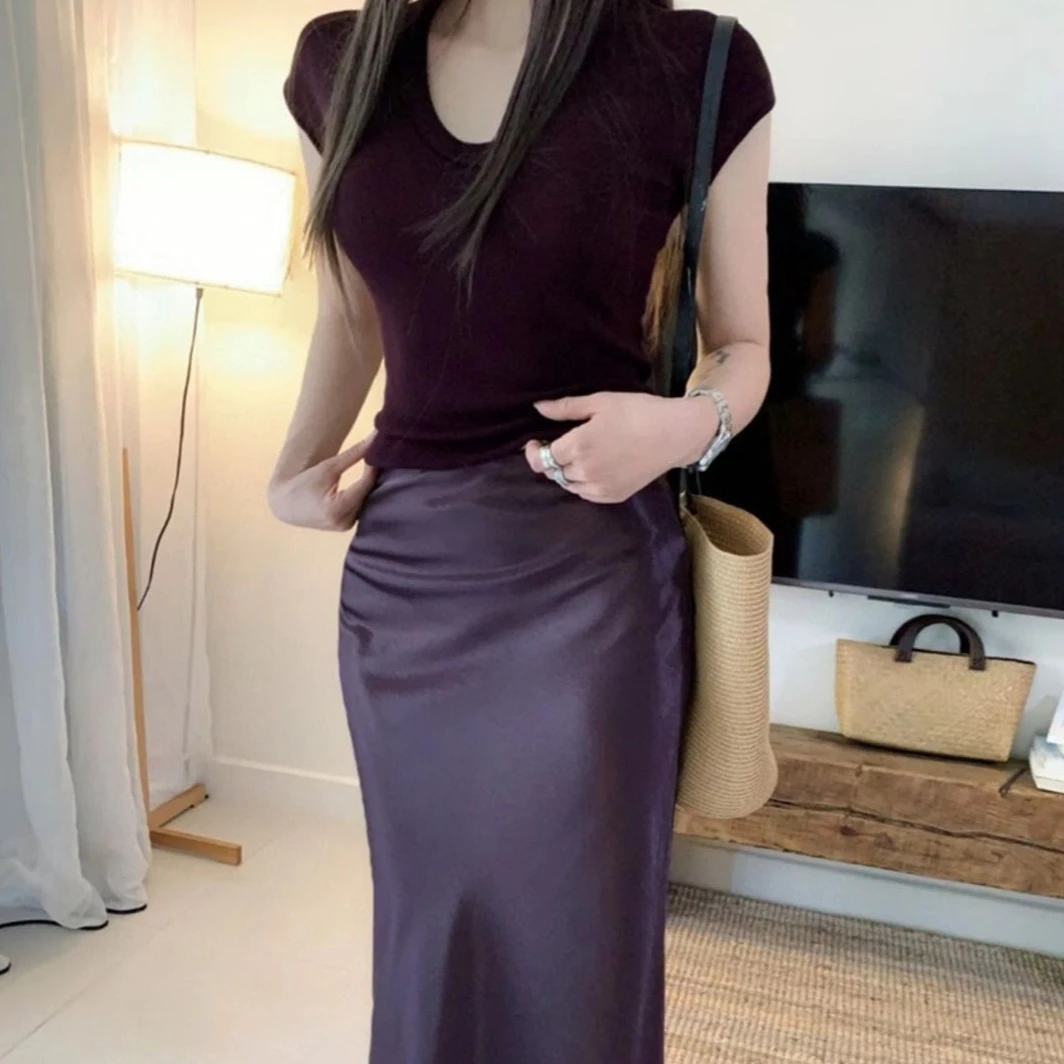 紫色显瘦短袖上衣+松紧腰开衩醋酸鱼尾裙2025夏季时尚两件套装女