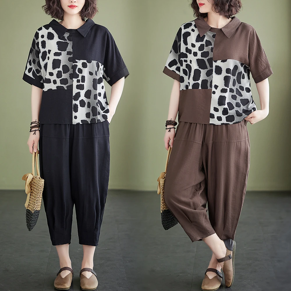 夏季新文艺棉麻拼接宽松大码上衣+松紧腰阔腿裤两件套女