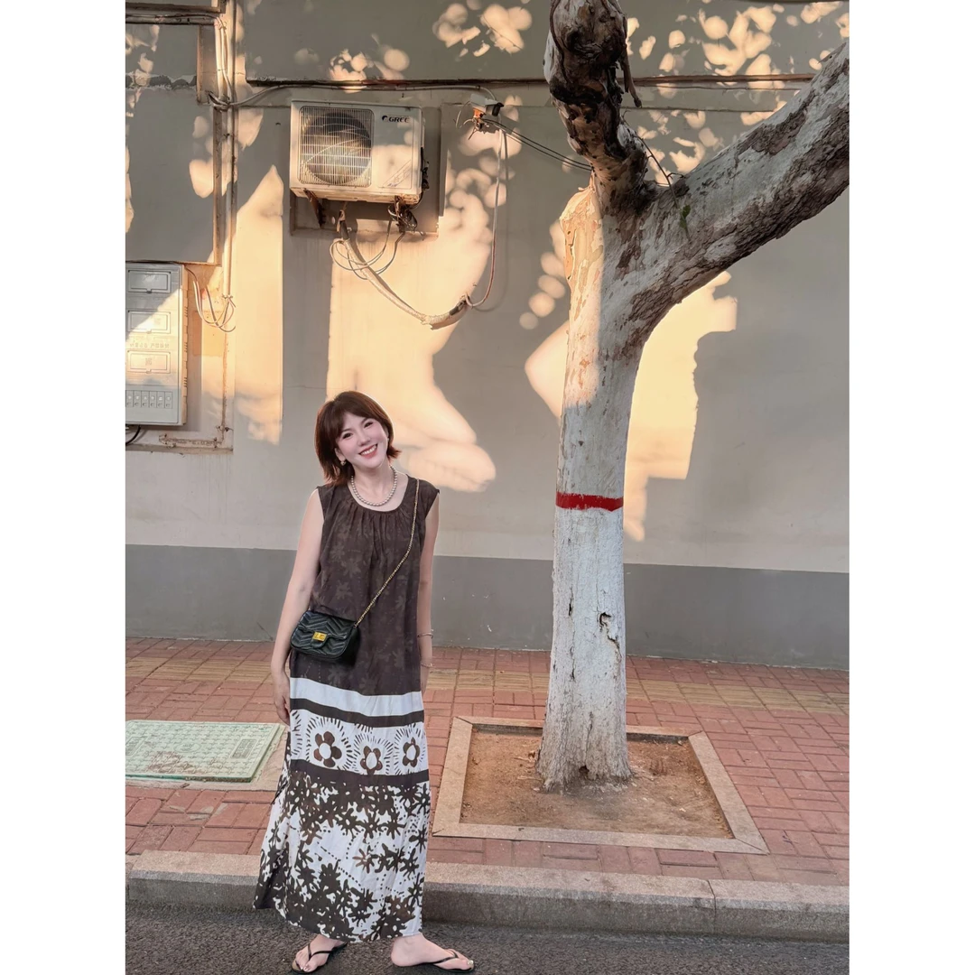 NO退NO换【珐财】复古印花棉绸拼接无袖背心连衣裙（有口袋）