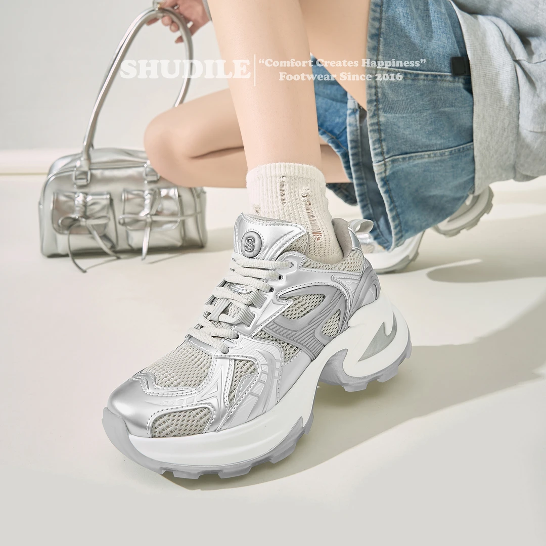 8CM厚底银色老爹鞋女时尚网面百搭透气增高显脚小户外休闲运动鞋