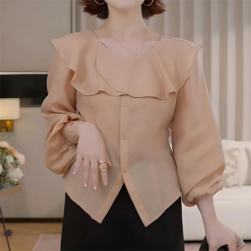 法式轻奢拼接荷叶边衬衫女早秋新款时尚减龄百搭简约单排多扣上衣