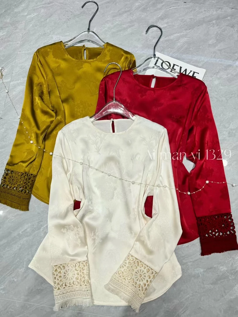 【镂空袖】新中式拼接提花醋酸衬衫国风复古高端时尚气质上衣28110