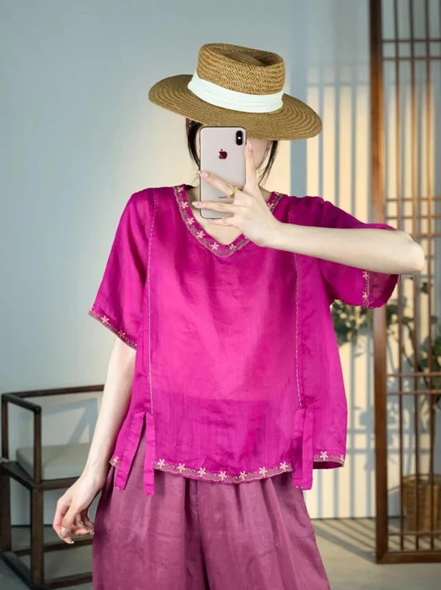 新中式宽松苎麻小衫刺绣圆领夏季短袖上衣6179-2 肩40胸110长56