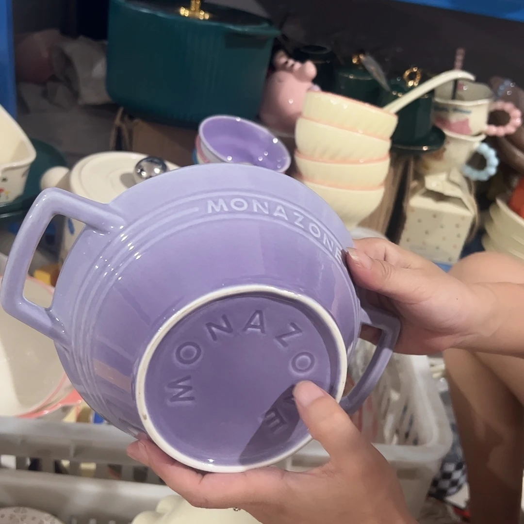 瓷片摩登双耳碗一个微瑕紫色