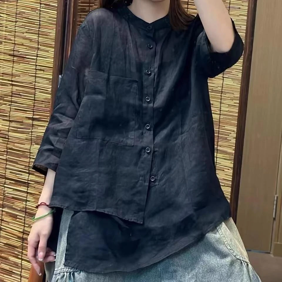 设计款不规则显瘦纯苎麻衬衫女夏季新款宽松立领薄款七分袖T恤衫