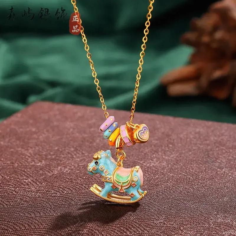 坠链均925银珐琅 坠链均s925银项链百搭可爱珐琅欢乐旋转木马