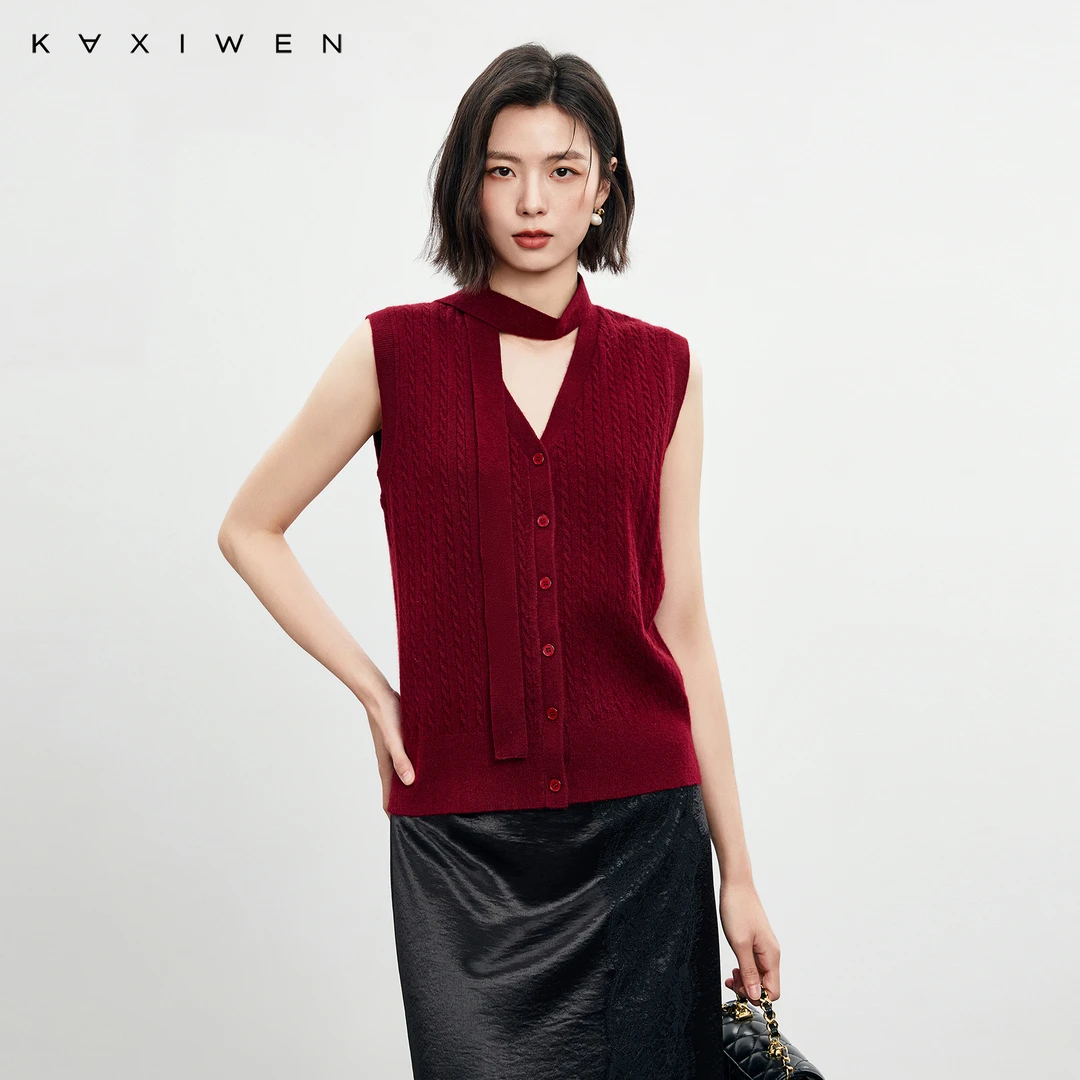 佧茜文复古港风气质背心马甲【春秋】飘带V领保暖针织衫D12BZW5524