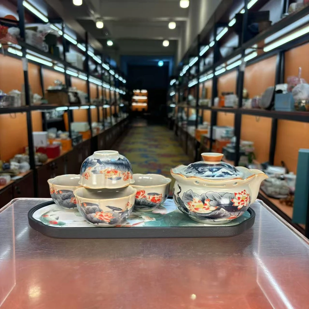 秋香茶具  豆青汝窑满堂荷趣手抓一壶四杯小套装（无礼盒）-2203