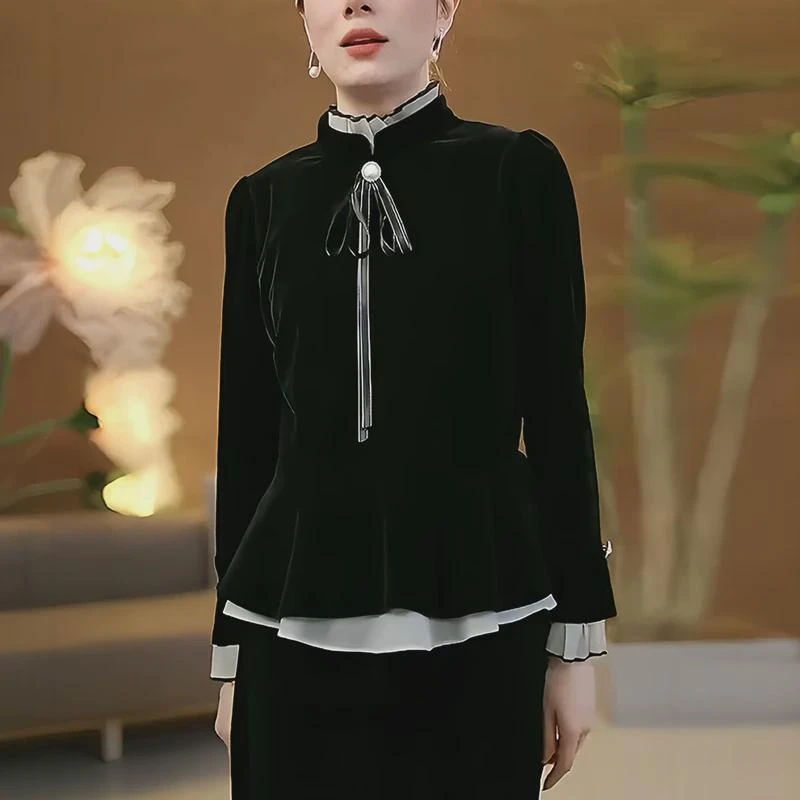 法式收腰衬衫女士2024秋冬季新款高级感时尚洋气显瘦立领丝绒上衣