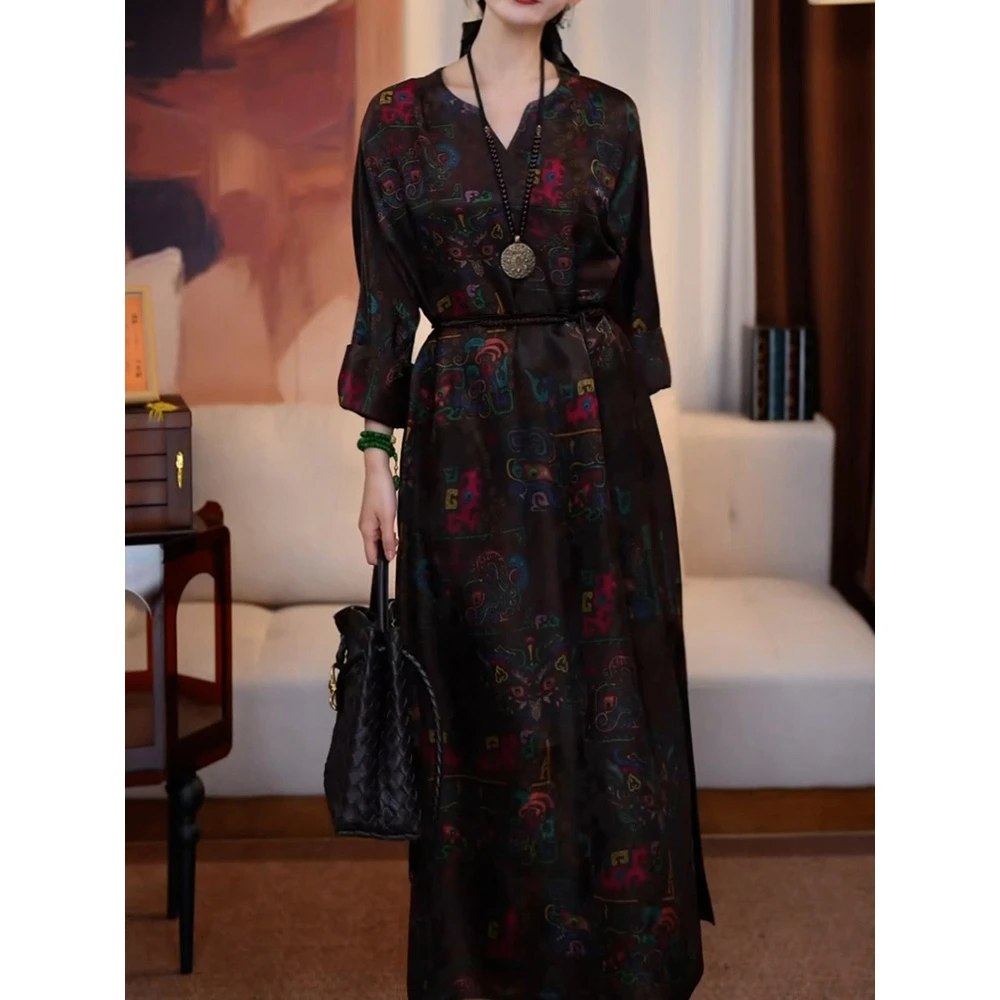 新中式改良国风印花长裙2025秋季新款高档气质复古大码宽松连衣裙