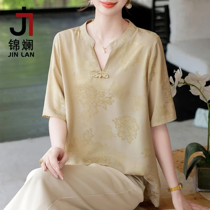 锦斓时尚气质妈妈装夏季新款短袖大版T恤衫中老年女遮肉小衫上衣