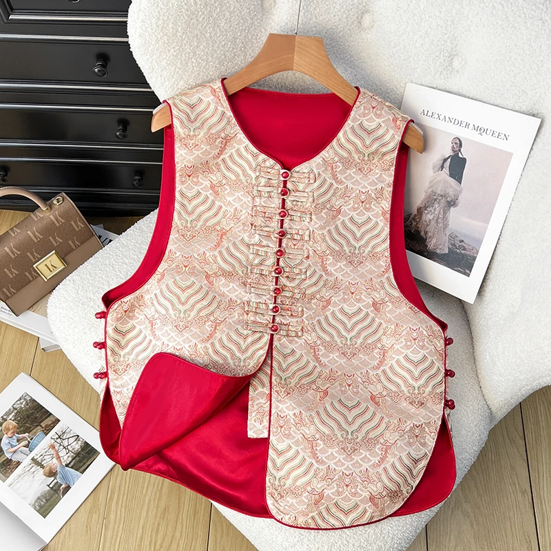 新中式国风提花马甲复古盘扣圆领坎肩祥云外搭上衣女春秋气质