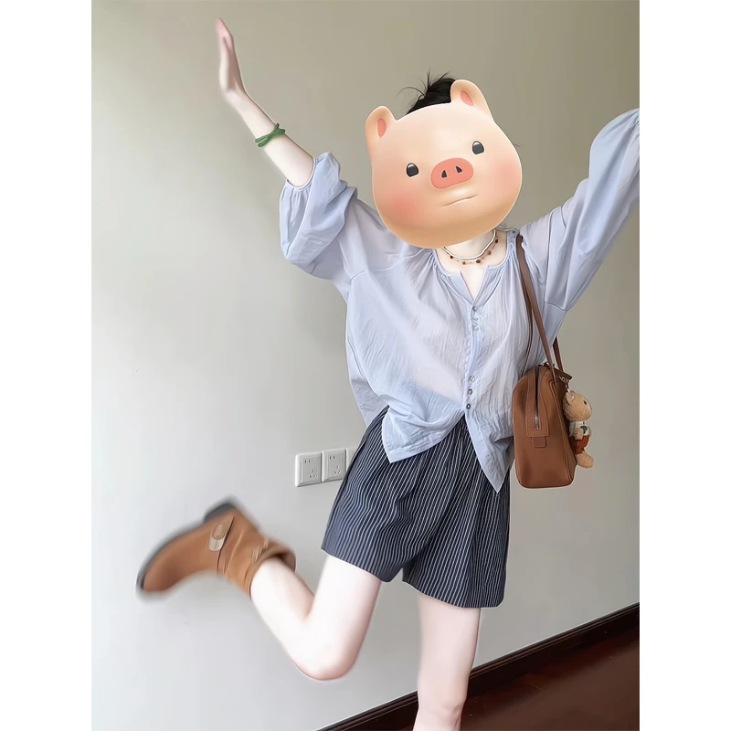 泡泡袖衬衫慵懒宽松显瘦百搭长袖上衣竖纹阔腿短裤简约靴裤百搭女