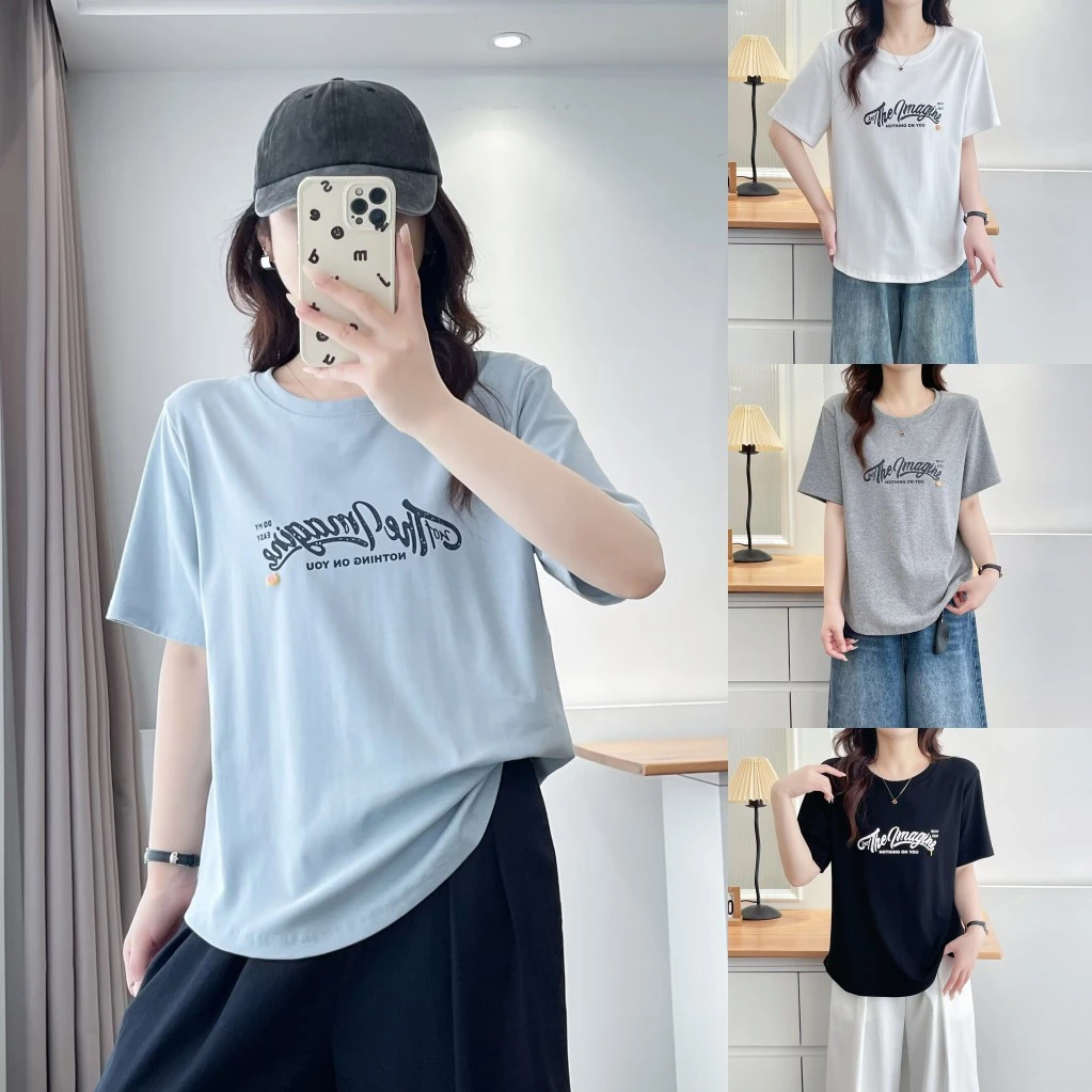 大码胖mm设计感百搭圆弧下摆印花短袖T恤女夏季新款上衣休闲显瘦