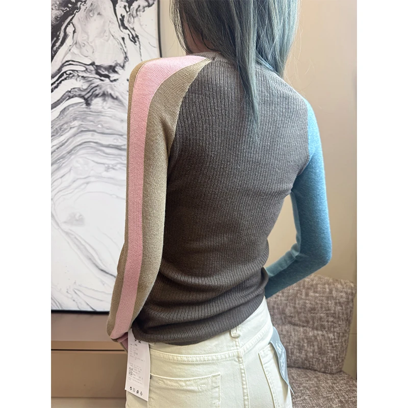 梦丞【DaYu】秋冬长袖修身显瘦百搭毛衣撞色圆领套头打底复古针织衫