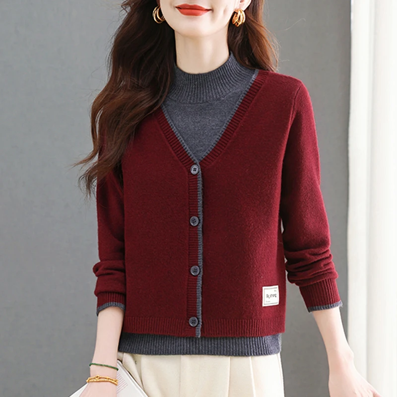 正品哥弟新款女装半高领常规款假两件针织衫羊毛中年加厚百搭打底