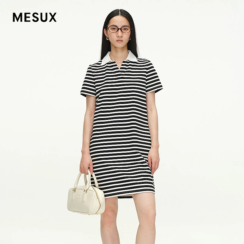 MESUX25纯棉Polo领撞色条纹短袖连衣裙MNSDO404