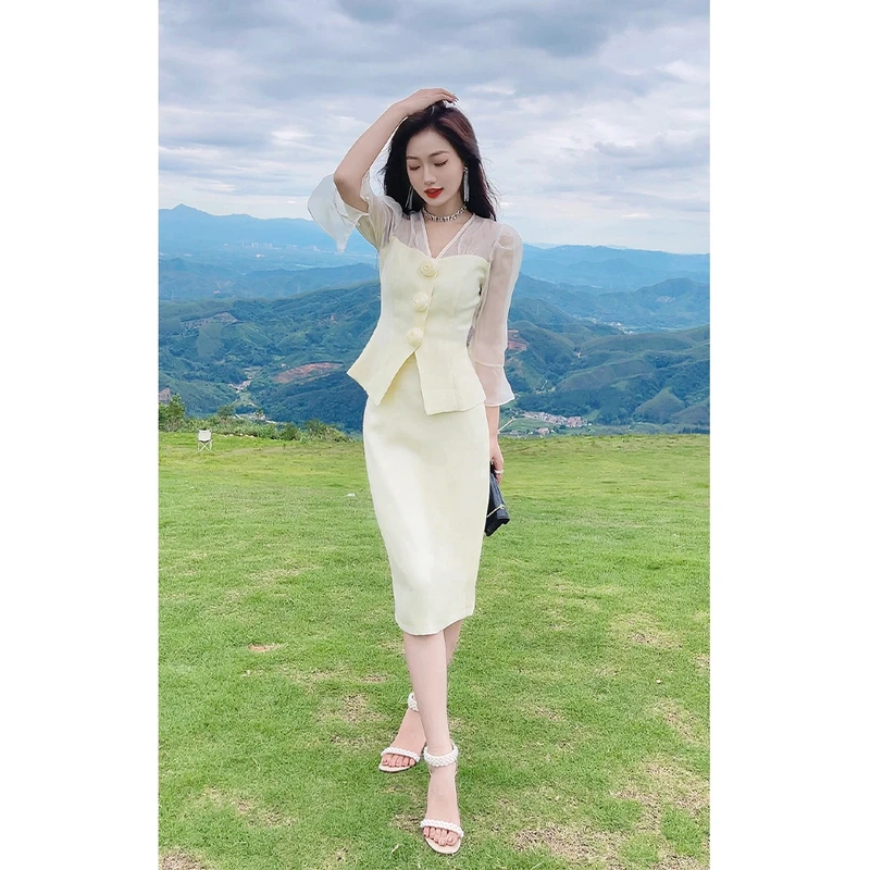 【现货秒发】A142两件套新款拼接收腰上衣包臀套装裙修身显瘦时尚