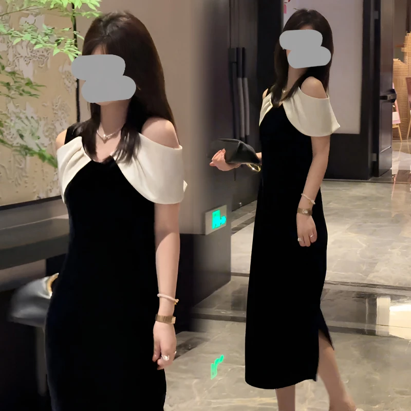 撞黑色露肩拼接法式连衣裙2025新款女夏季气质女神巨好看宴会裙子