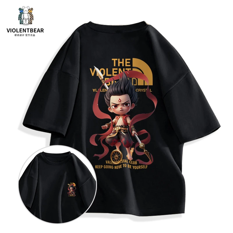 暴力熊短袖国潮怒发冲冠哪吒牌短袖潮牌纯棉百搭宽松休闲T恤