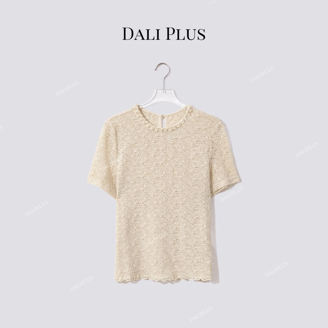 DALI PLUS“手工钉珠丝络T恤”通勤百搭上衣-D5CH4408