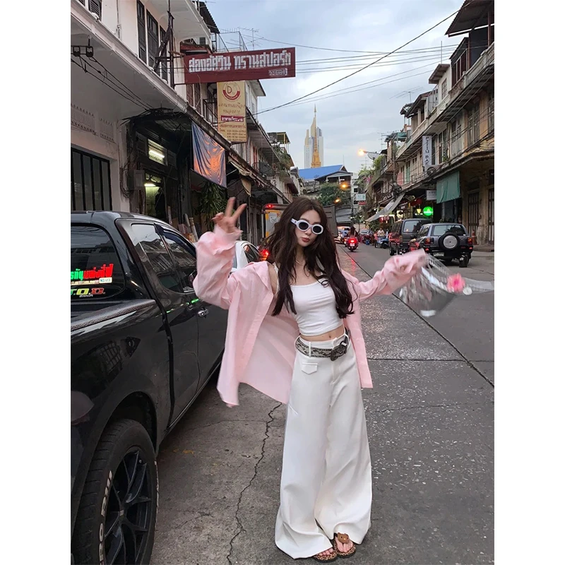 韩系高级感穿搭衬衣开衫长袖女2025新款高腰直筒宽松拖地长裤套装