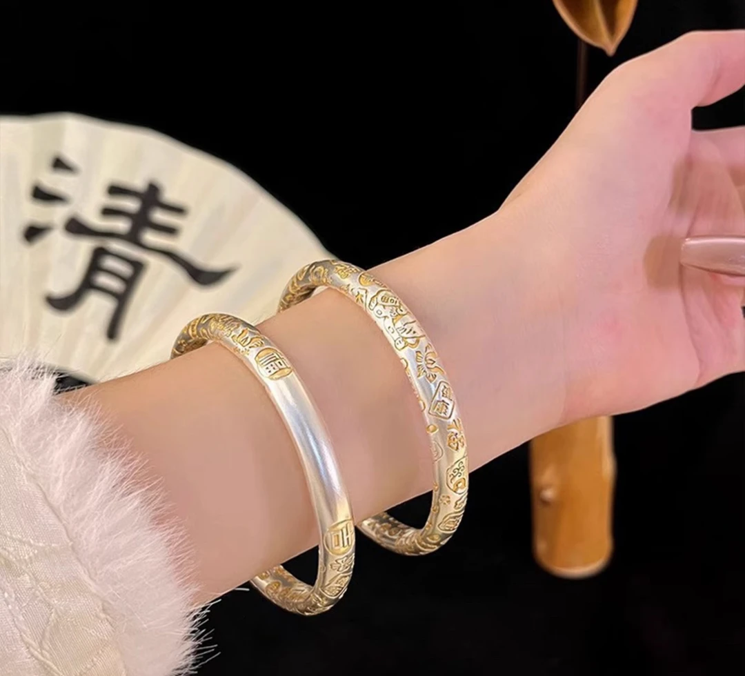 足银手镯 A23足银999闭口实心描金满圈錾刻吉言国风手镯50克