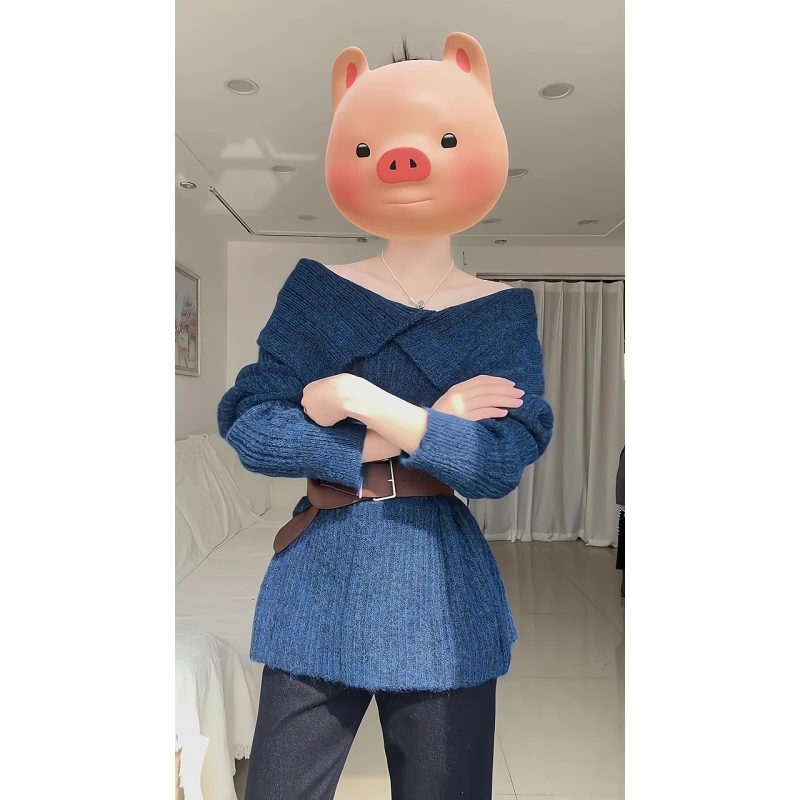 温柔风一字肩翻领配腰带慵懒风毛衣中长款毛衫上衣显瘦直筒阔腿裤