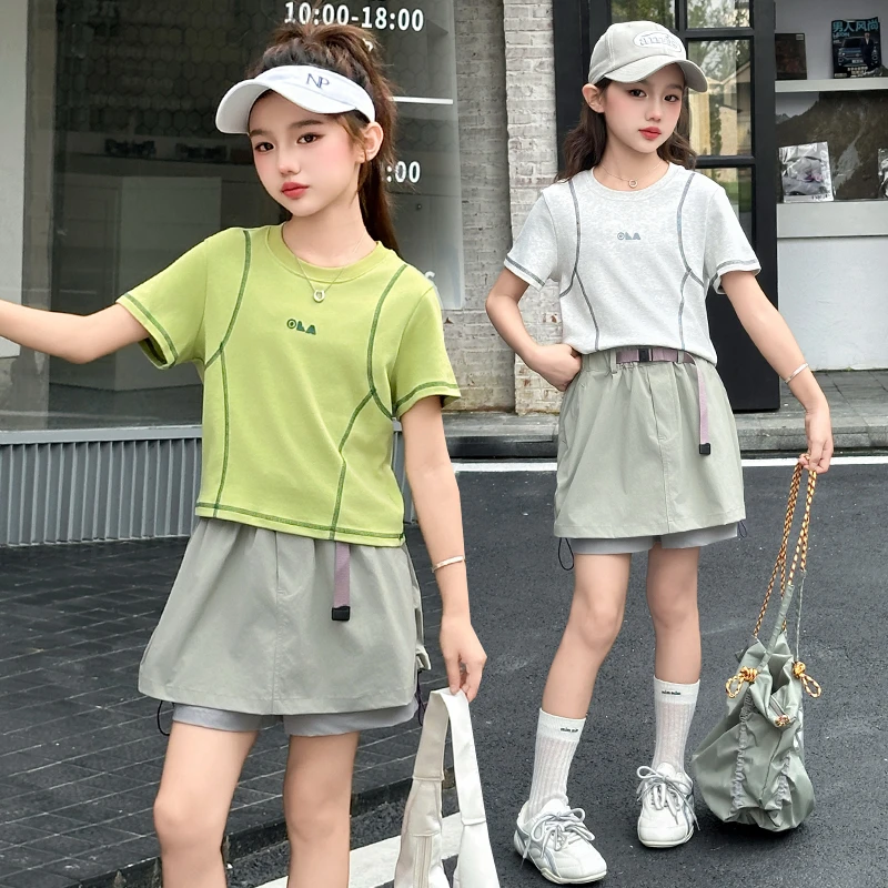 女童套装夏季2025新款中大童洋气时尚休闲儿童T恤工装裤裙两件套