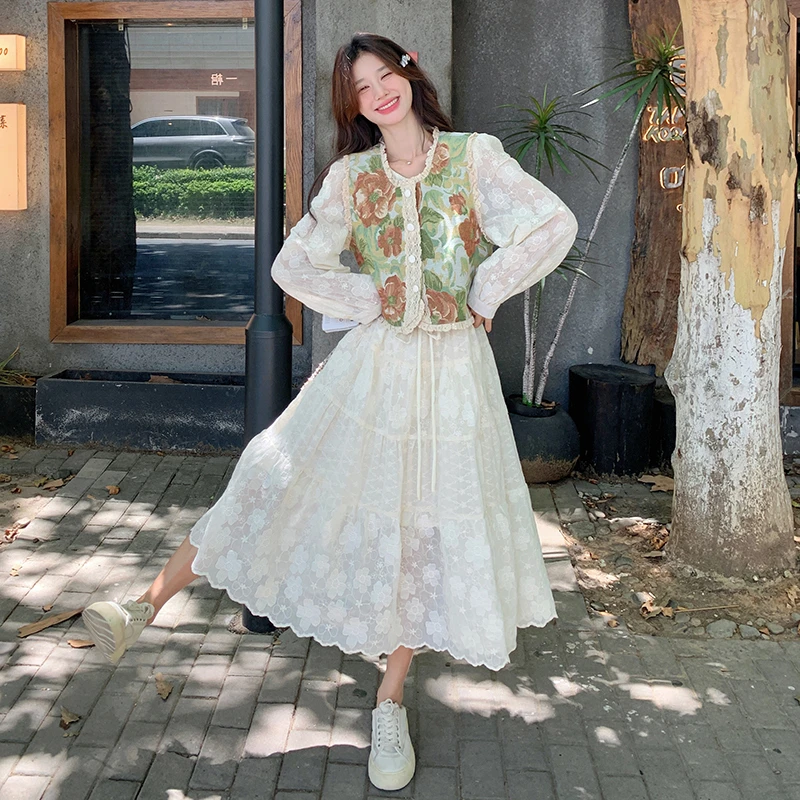 法式复古提花马甲连衣裙套装女2025年春季新款设计感超好看两件套