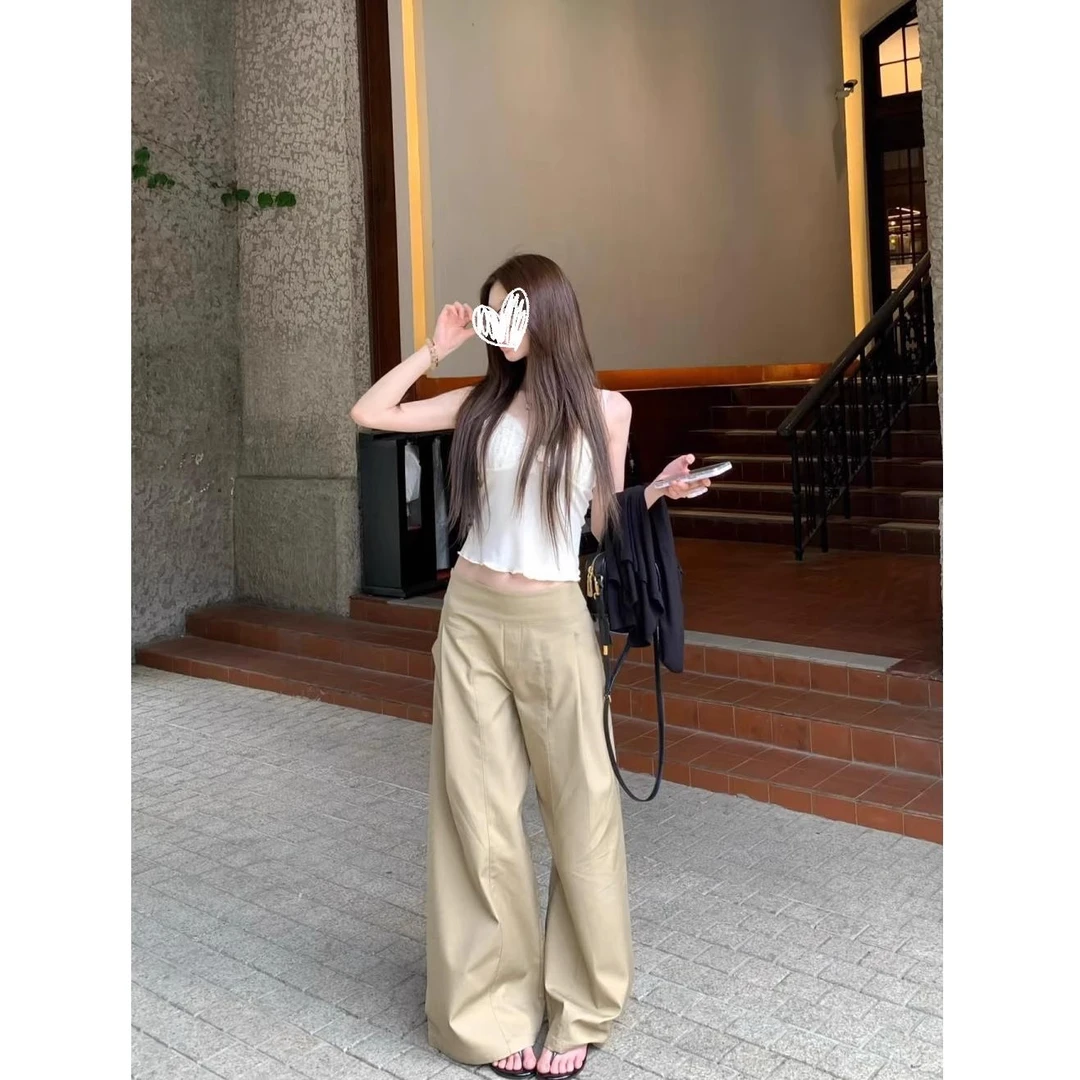 2025新款卡其色休闲裤女夏新款薄款设计感慵懒垂感宽松阔腿拖地裤