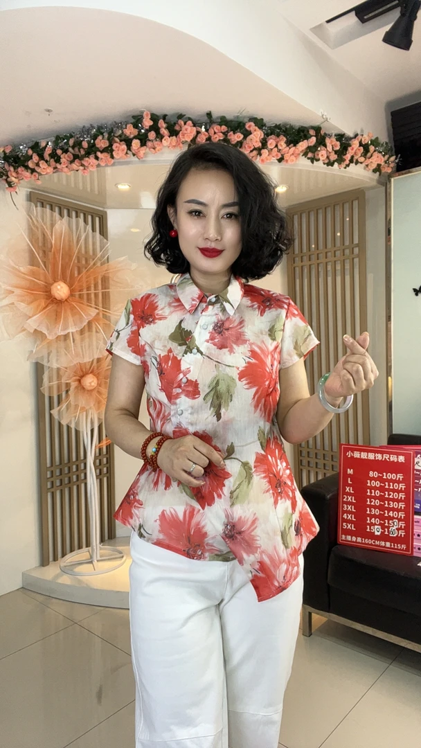 【夏季新款】印花设计感清凉透气冰丝气质显瘦短袖翻领衬衫1806-5