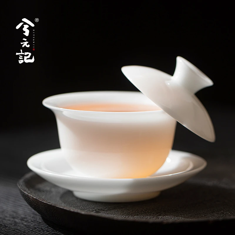 冰种玉瓷三才盖碗茶杯单个高档德化白瓷悬停茶碗带盖家用功夫茶具