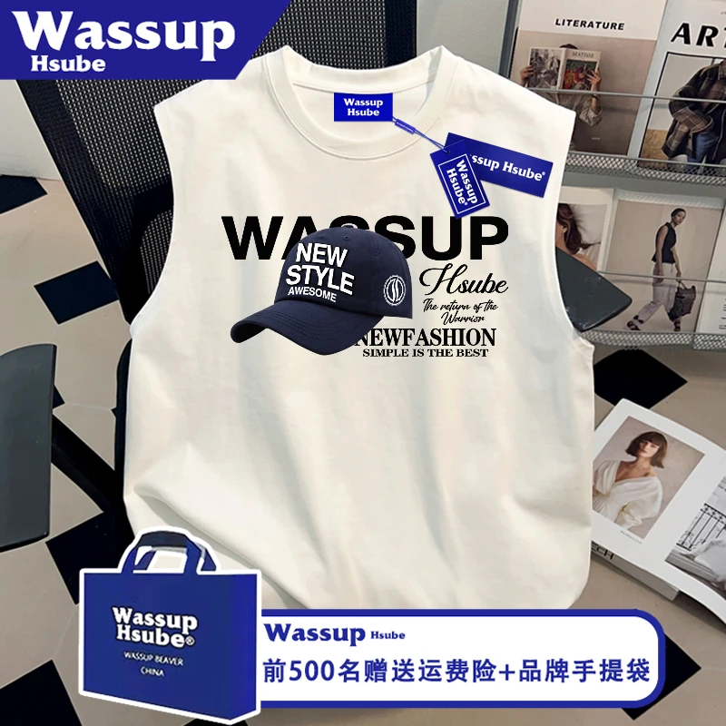 WASSUP HSUBE休闲舒适纯棉T恤男女夏ins白色背心帽子印花无袖上衣