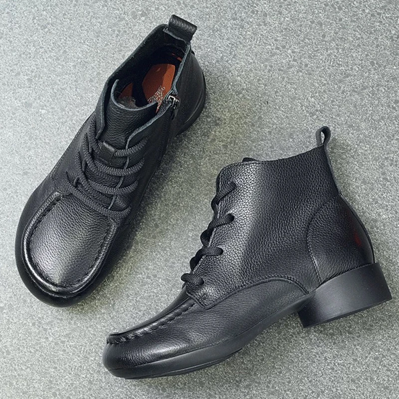 复古头层牛皮靴子女防滑软底低跟舒适短靴妈妈圆头单鞋 跟3cm