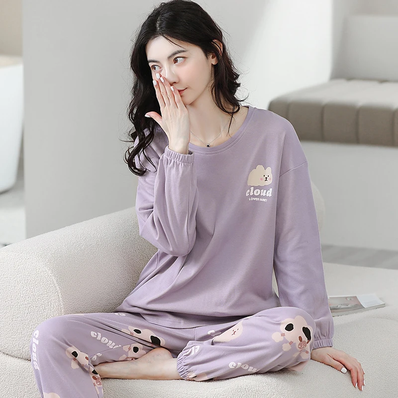 睡衣女士秋季纯棉长袖休闲可外穿两件套可爱秋冬全棉女家居服套装