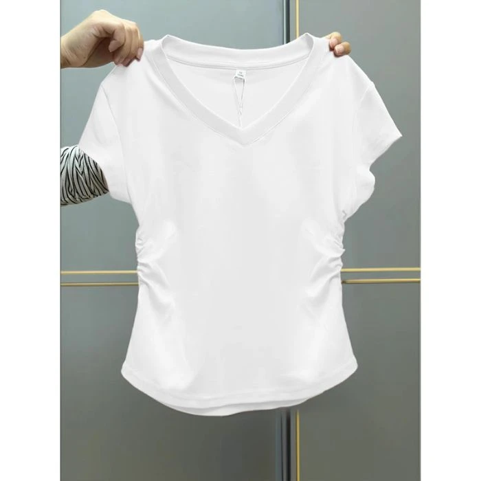 2025年夏季新款正肩白色V领短袖t恤女修身显瘦小个子褶皱短款上衣