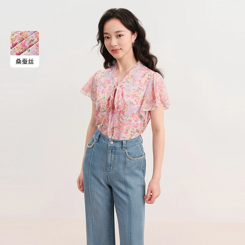 桑蚕丝【绮梦花蹊】珂莱蒂尔商场同款真丝上衣丝绸碎花印花气质衬衫