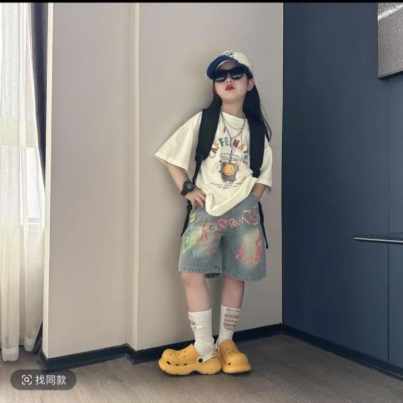女中大童字母韩版25夏款卡通动漫套装韩系设计感T恤+牛仔短裤套装
