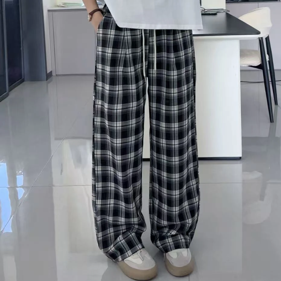 【小木南】娜夏季新款薄款时尚休闲百搭松紧腰格子阔腿裤2520