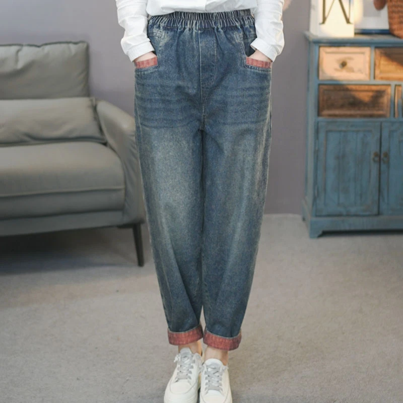 6808蓝2025春季复古显瘦牛仔直筒裤九分裤松紧腰时尚拖地梧桐裤