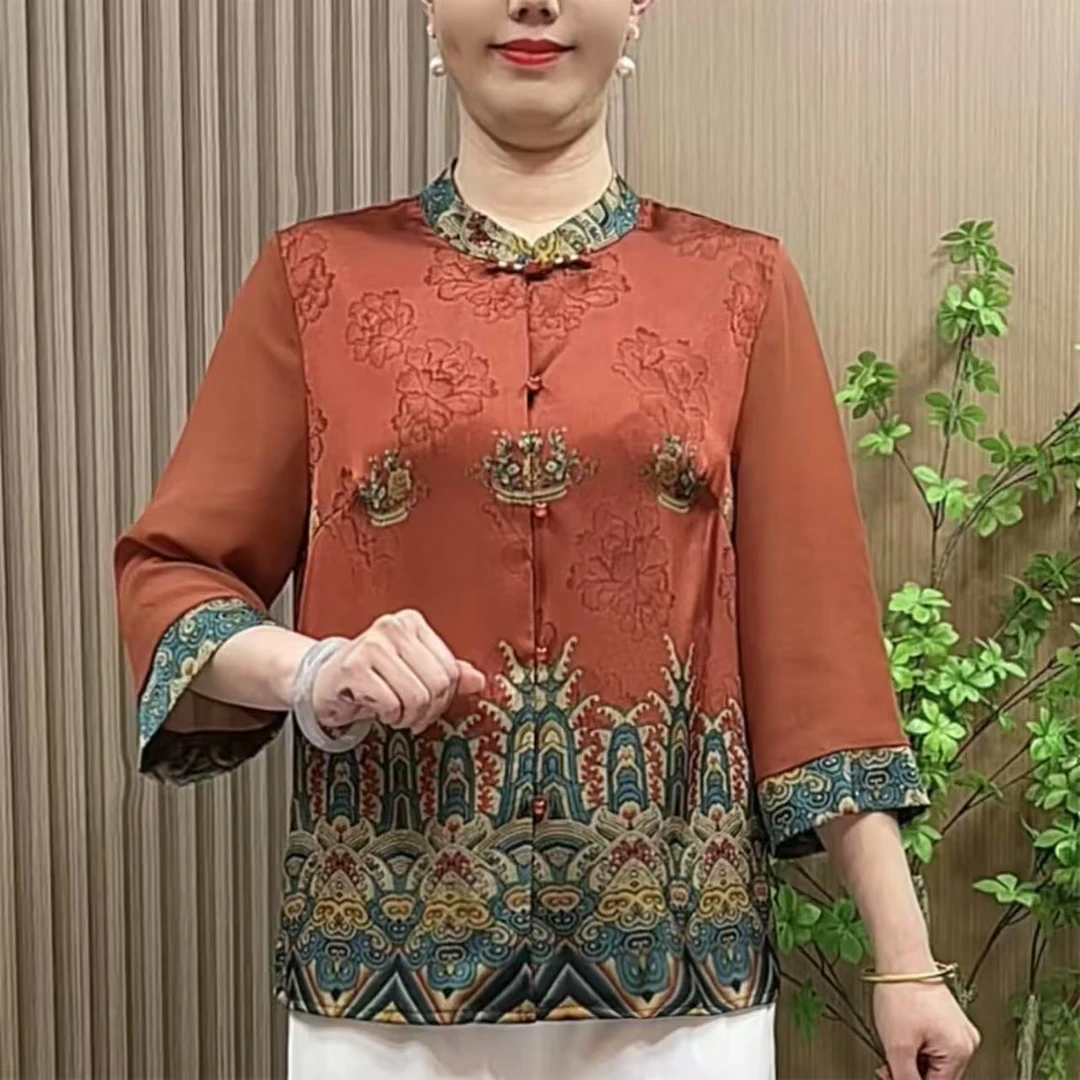 8526妈妈装夏装国风定位花小衫2025新款中老年女装新中式复古衬衫