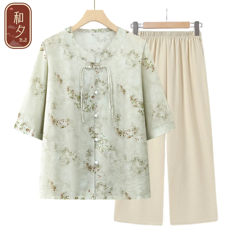 妈妈夏装新中式套装中老年女装国风衬衫奶奶夏季短袖老人母亲上衣