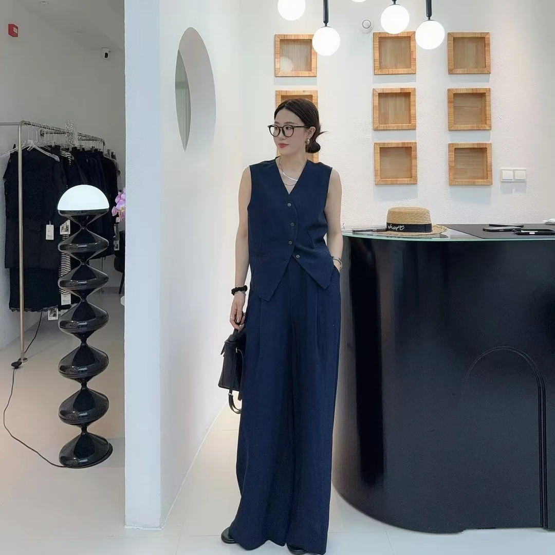 林林 老钱风女装夏高级感亚麻马甲套装女夏阔腿长裤子两件套