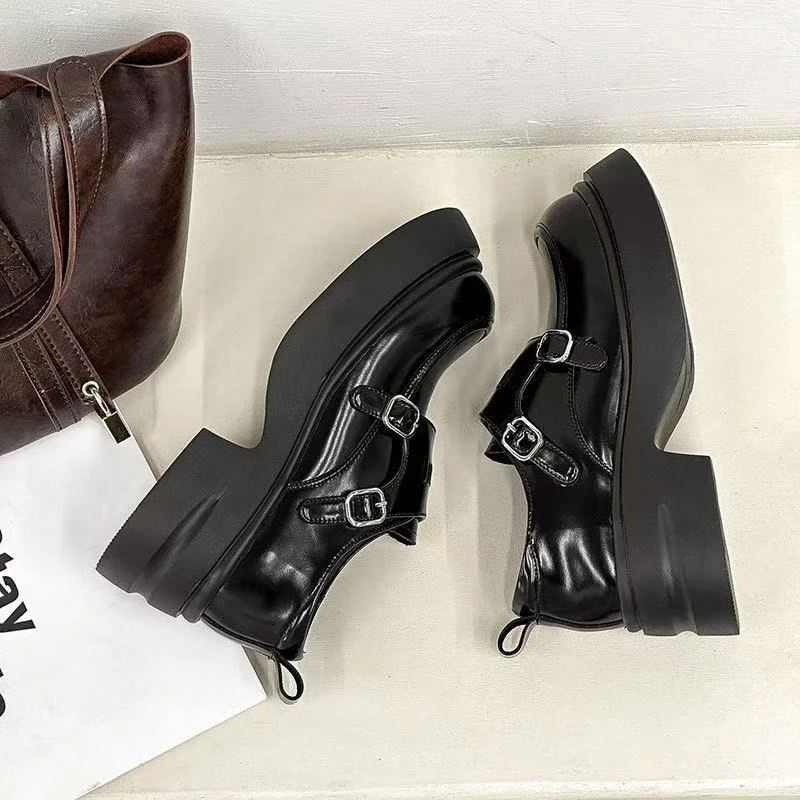 韩版厚底通用春季乐福鞋休闲时尚百搭女鞋复古粗跟英伦风漆皮