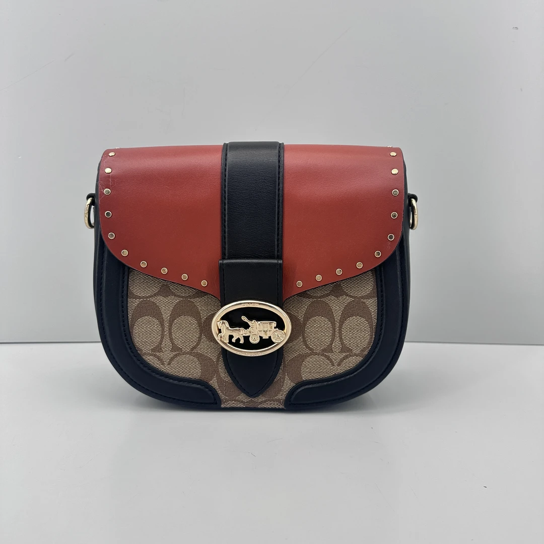 90新 COACH/蔻驰 Georgie红棕老花马鞍包21x18x7cmM011803