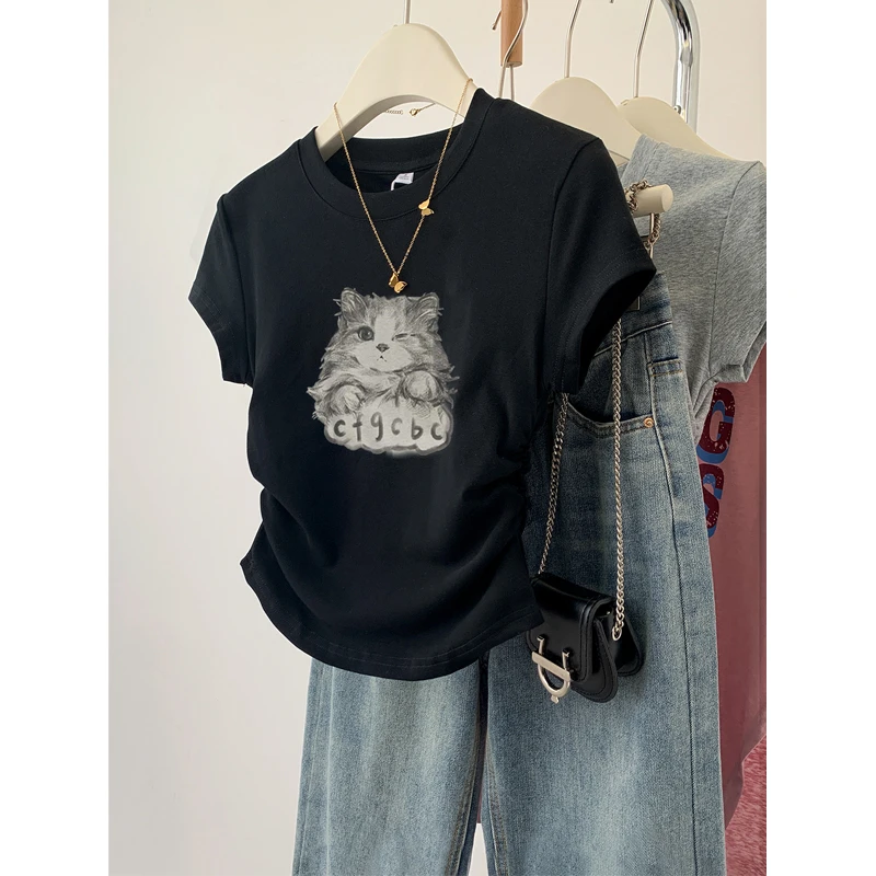 大码胖mm短袖t恤女夏季新款韩版时尚印花遮肉显瘦收腰遮肚子上衣