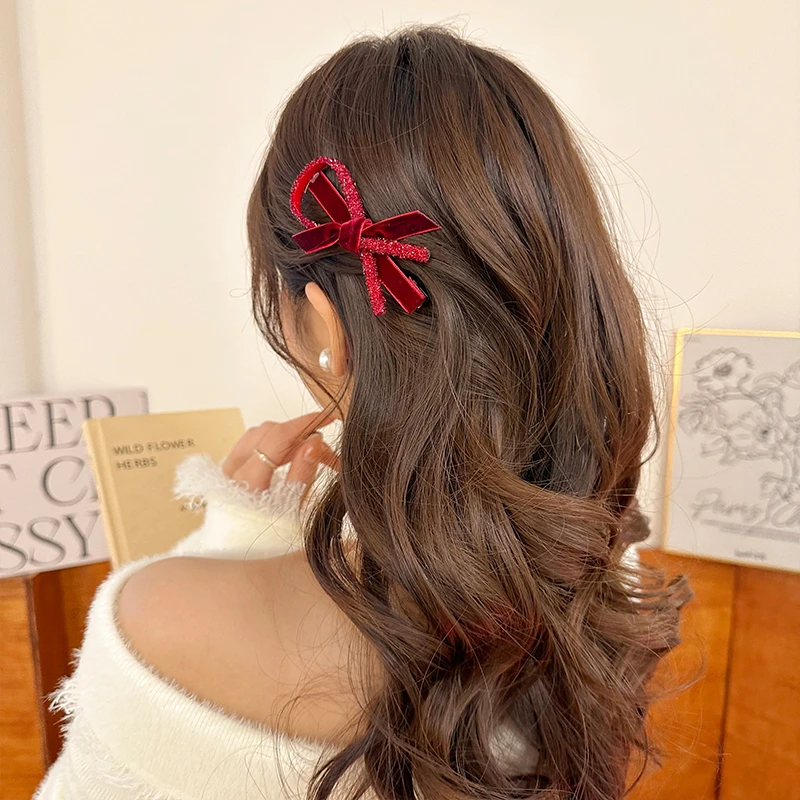 红色丝绒蝴蝶结水钻发夹秋冬侧边前额碎发刘海一字鸭嘴夹新年发卡